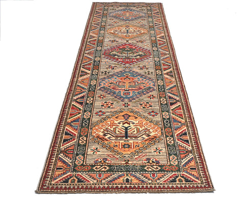 9 Feet Brown Kazak Afghan Hand Knotted Wool Runner Rug